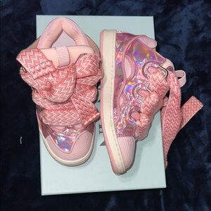 Lanvin Pink Holographic Kids Sneakers with Wide Knit Laces